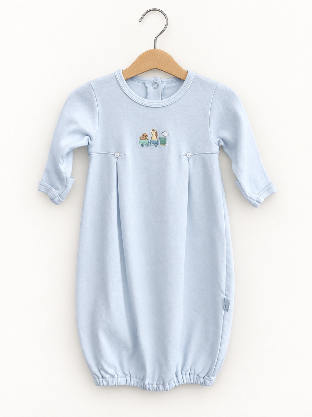 Le Top Baby Blue Animal Train Embroidered Cotton Gown Newborn
